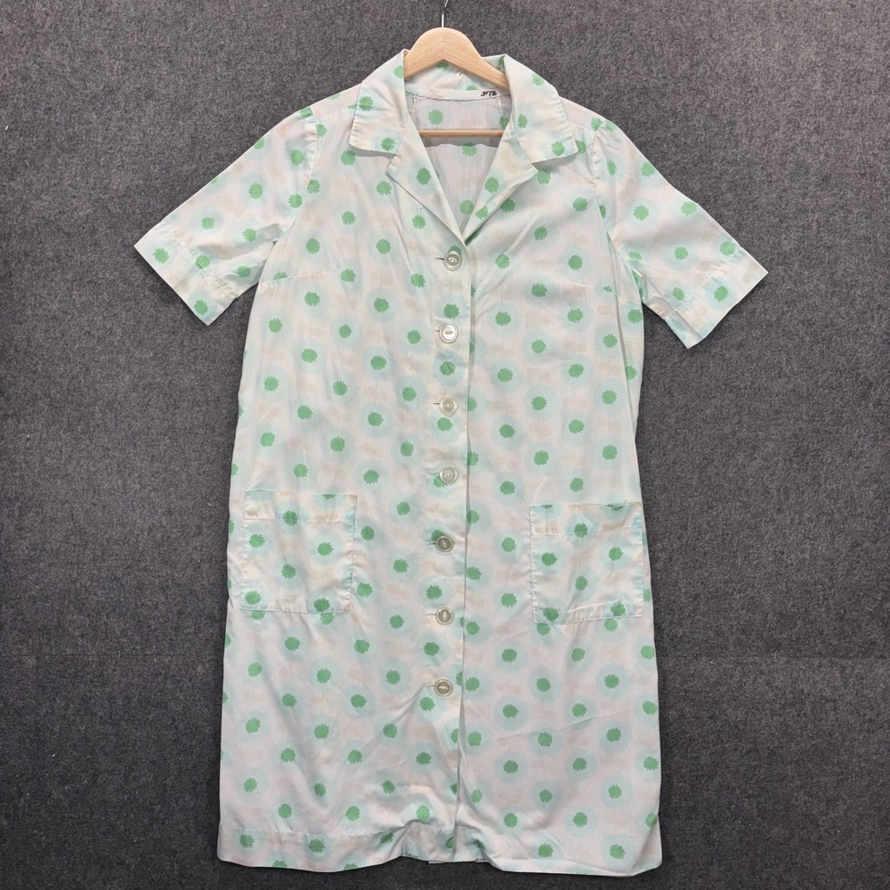 Vintage 60s Mod House Dress Womens Button Front Psychedelic Polka Dot Green GoGo